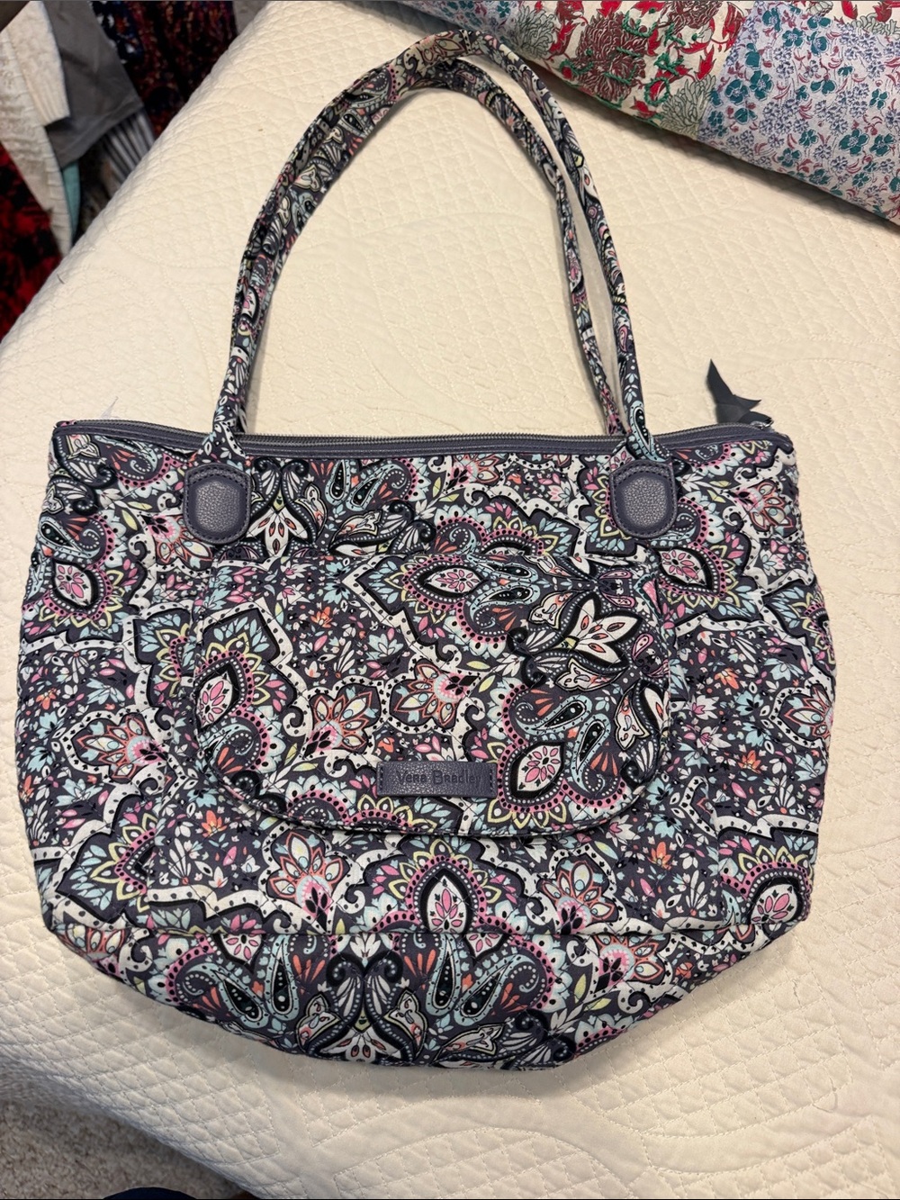 Vera Bradley Quilted Paisley Tote - Black, Pink, Light Blue.plastic still snap